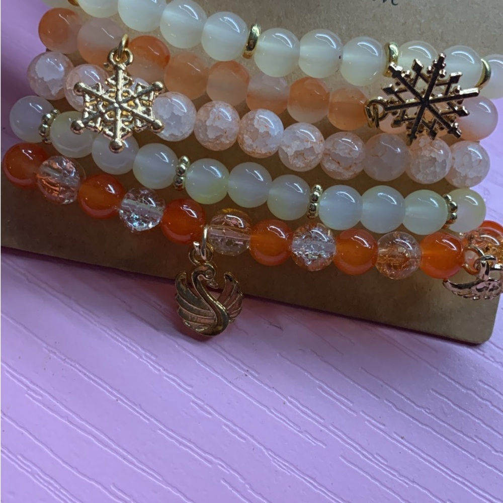 Elegant Orange and Gold Beaded Bracelet Set